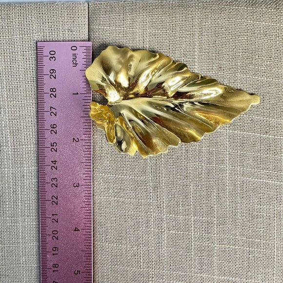 Oversized Vintage 80s Gold Tone Leaf Brooch Pin Statement Unisex Jewelry Retro - Picture 6 of 7